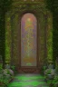 Placeholder: open iron gates made of colorful stained glass, covered in vines, trees, very large entry leading to a lush garden, see lot details in the garden, photo realistic 4k, nature, beautiful hand laid checkered pattern stone walkway path, trending on artstation, sharp focus, studio photo, intricate details, highly detailed, by greg rutkowski