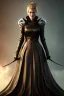 Placeholder: Cersei Lannister as evil queen in black leather coat, busty, cleavage, voluptuous, lena headay, angry, stern look. character design by cory loftis, fenghua zhong, ryohei hase, ismail inceoglu and ruan jia. unreal engine 5, artistic lighting, highly detailed, photorealistic, fantasy