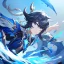 Placeholder: Genshin woman, Clear Focus High resolution, Calm Background, Light skinned woman, Black long beatiful hair, Dark blue sparkling eyes, Very Beatiful Face, Splash art, Battle Scene Epic