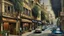 Placeholder: a modern street in Tehran with cafe shops. oil painting