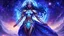 Placeholder: Full body portrait of a peaceful smiling guardian Goddess of the galaxies with a blue indigo purple skin, high skul, luminous eyes