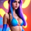 Placeholder: Ana de Armas naked as jinx from arcane standing in a nightclub with light blue hair and long blue plats, blue tattoos on arms, stomach showing, bullet belt with guns, alluring, bedroom scene, cosplay, photo realistic,