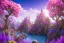 Placeholder: luminous pink castle, on the mountain, sun,swanns,waterfall, BLUE LAKE, SWANNs,fuksia bugainvillier flowers, jacaranda violet trees, sky pink blue, full of details, smooth, bright sunshine，soft light atmosphere, light effect，vaporwave colorful, concept art, smooth, extremely sharp detail, finely tuned detail, ultra high definition, 8 k, unreal engine 5, ultra sharp focus