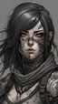 Placeholder: Realistic brutalist anime art style. A woman, lean, porcelain skin with scars. A grey blindfold covering her eyes. Semi-long dark hair with wavy texture. With many tattoos and piercings. Wearing an leather armor with faint patterns.