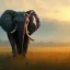 Placeholder: elephant standing in field of grass, trees, sunset, profile, mist, peaceful dynamic lighting hyperdetailed photorealistic detailed matte painting 8k resolution panorama diffuse light