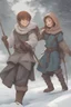 Placeholder: DnD style, two medieval peasant kids playing in the snow male and female, age 14 and 15, happy and playful