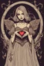 Placeholder: Wizard vintage girl with heart in her hands, half demon and half angel, dark tones half and high lighting half,