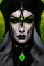 Placeholder: Beautiful silver and black and green witch woman portrait adorned with bioluminescense Halloween yellow white and green and black beads