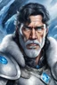 Placeholder: 1older man, with blue eyes and black hair man in silver Viking armor with fur around the neck with blue crystal on his chest , in the artic, warrior in anime style,