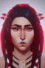 Placeholder: A beautiful portrait of a cute Native American woman with small horns, red color scheme, high key lighting, volumetric light high details with white stripes and feathers