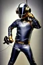 Placeholder: Metallic Cyber-punk man with camera-mask and old AKG-style headphones with golden rings. Fencing mask covers man's cheeks. Good body shape. Body and head full of integrated old-fashioned cameras. Ancient silver telephone attached to perfect body, trunk. Euclidean 3D-tiling, Escher tiling, background. Daft Punk, Tron Movie Bike. Matrix movie, black leather jacket, tippet. Black latex areas in black leather surfaces body. 1990's. Ancient noctuid trypophobic microphone