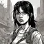 Placeholder: Portrait, girl character with black hair, t-shirt comic book illustration looking straight ahead, post apocalypse