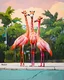 Placeholder: three giraffe-headed flamingos with giraffe neck and head and giraffe pattern standing on the kerb in a street of a cyberpunk city, acrylic and oil, minimalist, cinematic, dramatic, (glitch deconstruction:1.7), centered,, amazing verticals, excellent parallels