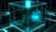 Placeholder: Cube tesseract from movie Loki. Located strictly in the middle of picture with space around it and with navy blue/green glow inside tesseract. Without surface on which it stay. Will be used for 404 error page.