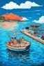Placeholder: on the boat on a long journey birdseye view, japanese modern pop art