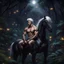 Placeholder: Hyper Realistic shirtless handsome muscular prince sitting on a black horse with white hair in a dark jungle with fireflies at a dark night