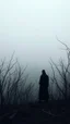 Placeholder: A mysterious man in black standing by the foggy lake black vein, human veins, mixing together a lot of them, like a forest, big and small veins a lot of them. A mist, a boat is coming in dark foggy distance