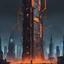 Placeholder: The tall tower with network cyberpunk comics style, with orange