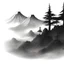 Placeholder: japanese ancient aquarel style, mountains, twisted trees, landscape, fog, misty light, black and white, no contrasts, paper texture background