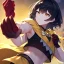 Placeholder: Clear focus,High resolution, Black short fluffy hair, and yellow eyes, wearing a black short skirt, sleeveless crop top, wearing long dark red gloves, yellow cloak, Holding hand out