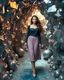 Placeholder: make a picture pretty cave made of crystal and metallic 3d fractal recursive cubic and sphere base structures and a beautiful fashion model lady with cute,with dark cyan decholte top and pretty pleated midi skirt,siver,curvy long hair,makeup, she walks in cave ,dynamic camera fallow her inside cave capturing full body, dynamic lights.