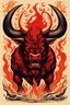 Placeholder: Vintage illustration of a demonic and magical brutal and angry bull made of red flames and fire, savage and obstreperous nature, Tsuguyuki Kubo art, Topcraft, vintage storybook illustration style, ornamental, fantasy folk art, psychedelic theme, inspires by 70s Japanese anime, early Studio Ghibli, fantasy animation cartoon, last unicorn