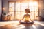 Placeholder: cute chibi yoga girl in sunshine, yoga room, watercolor and black ink outlines, sparkling golden glitter, ethereal, cinematic postprocessing, bokeh, dof