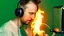 Placeholder: 4k, portrait of a radio host broadcasting metal on fire in a radio studio, background green youth style