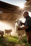 Placeholder: full figure shot photography of a mature strong burly chubby turkish farmer man 48 years old milking goats in a barn, boxer, photorealistic, rays of the sun enter through a window