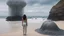 Placeholder: Wide-angle shot of a woman, standing on the right of a beach with huge waves, with dark hair in a silver robotic catsuit, many large Chrysaora quinquecirrha jellyfish floating high up in the air, masterpiece, best quality, super detailed