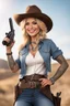 Placeholder: gangsta western blonde cowgirl with tattoos, she has a revolver on the side and a cowboy hat, she makes a thumb up, she smiles and points the camera to say "THANK YOU" [no writing] she stands on a hill