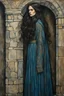 Placeholder: create a 3/4 profile, full body oil pastel of a dark haired, savage, ornately dressed, vampire girl with highly detailed , sharply defined hair and facial features , in a dismal 13th century crypt in the Pre-Raphaelite style of JOHN WILLIAM WATERHOUSE