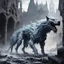 Placeholder: frost hellhound out of the abyss monstrous in ruins of medival town