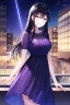 Placeholder: girl, masterpiece, best quality, cinematic lighting, detailed outfit, vibrant colors, perfect eyes long hair, black hair, purple eyes, night sky, starry sky, shooting star, rooftop, town, smile,