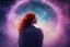 Placeholder: redhead auburn woman silluate, view of her back, looking into space mystic, colorful fog and stars unknown. she's happy. looking into a circle. fog colors are purple and blue