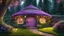 Placeholder: hobbit cottage in the woods surrounded by trees with fairy lights with a whimsical like feel, with pinks, blues, purple colors, circular hobbit-style door, circular hobbit-style windows, green grass roof, fairy lights, illustration