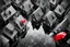 Placeholder: top-down view of a grayscale wet city street with houses, rain, one red umbrella, surreal style, dark mood