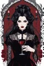 Placeholder: A captivating, high-resolution image of a stunningly elegant vampire woman exuding both beauty and danger. Dressed in exquisite black gothic clothing adorned with intricate details and black lace, on her dress red blood stains adding a dramatic effect. Her pale skin contrasts sharply with her dark attire, and her long, dark hair cascades down her shoulders. Holding a glass of red wine, she radiates an air of mystery. The background is dark and enigmatic, with soft, realistic lighting casting sha