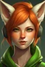 Placeholder: A female with short red hair, dark green eyes, large orange fox ears on top of her head, slight smile, pale skin, realistic