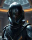 Placeholder: star wars bald male corellian pilot wearing pearlescent black and gunmetal grey First Order special forces heavy assault stealth commando armor and helmet with mirrored visor and gold and metallic red trim inside the jedi temple, hyperdetailed, dynamic lighting, hyperdetailed background, 8k resolution, volumetric lighting, light skin, fully symmetric details