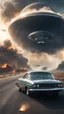 Placeholder: The image shows a photograph with a science fiction theme. Reflected in a side-view mirror, we see a classic car with passengers, driving on a desolate road. In the background, a large UFO hovers in the sky while multiple explosions erupt in the distance, sending up clouds of smoke and fire. The mirror's border frames this chaotic scene, juxtaposing a calm, seemingly oblivious drive with the dramatic events unfolding behind. The aged effect of the photo adds a layer of nostalgia to t