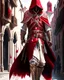 Placeholder: Assassin creed con dagas y espadas detalles en los pantalones en el pecho y en las botas caminando por Venezia capa arte digital hiperdetallado detalles intrincados obra de arte blanco rojo 8k