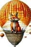 Placeholder: Color illustration of a ultra photo realistic happy red fox sitting "inside" a detailed wicker basket which is hanging below a perfect round orange colored hot air ballon nothing should be hanging from the basket, full image of hot air ballon, every element; fox, wicker basket, ballon should be in proportion to one another, in the background you can see the leaning tower of Piza