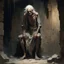 Placeholder: digital illustration, centered in the composition is full body portrait of an emaciated old man with long stringy white hair in tattered rags shackled by the arms held above his head to stone wall in a creepy dungeon, dim lighting, walls are moist, dramatic, by Ashley Wood, style of Frank Frazetta