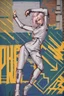 Placeholder: teen woman in retro-futurist cyberpunk costuming with pants and sheathed swords leaning to the side with shoulder against a brick pillar, background is brick with graffiti of a large arrow pointing to the right and text of the word "PUB" on lower left