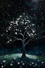 Placeholder: Acrylic painting of a tree in bloom with white glowing flowers, scattered white flowers on the ground, dark cosmic background with a myriad of stars