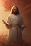 Placeholder: Jesus portrait at dawn by atey ghailan, golden light , white robe, angels in the background, volumetric light, high detail, red leaf tree,