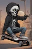 Placeholder: a cute animation boy, skateboarding , trendy hoody, 8 k, tim Burton skeleton style from the movie "night before Xmas", realistic animation, gothic