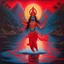 Placeholder: An oil painting of goddess Kali crossing a lake, neon red colors