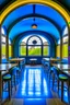 Placeholder: A restaurant whose outer walls are oval in shape, the color of the inside is blue, and its floor is light, with a bar table in the middle of the restaurant in the shape of an oval containing 30 chairs, and there is a door at the end of the restaurant